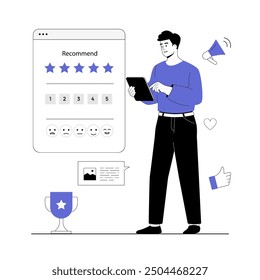 Concepto de página de Comentarios. Hombre dando reseña y llenando formulario de página web con experiencia de cliente. Ilustración vectorial con gente de línea para el Diseño web.	
