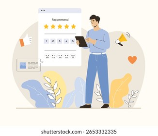 Feedback page concept. Man giving review and filling webpage form with client experience. Flat vector illustration.	
