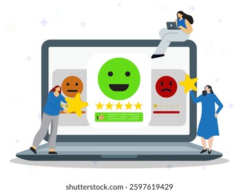 Feedback page concept. People сharacters giving feedback and choosing emoji to show satisfaction rating on the big screen. Client experience evaluation, quality service assessment. 
