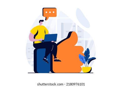 Feedback page concept with people scene in flat cartoon design. Man leaves like and comment with his experience and recommendations. Customer satisfaction. Vector illustration visual story for web