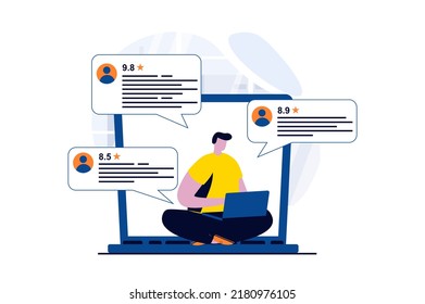 Feedback page concept with people scene in flat cartoon design. Man clients reads user comments and writes his review in online form. Customer satisfaction. Vector illustration visual story for web