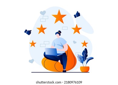 Feedback page concept with people scene in flat cartoon design. Woman leaving likes and stars with reviews with her experience. Customer satisfaction ranking. Vector illustration visual story for web