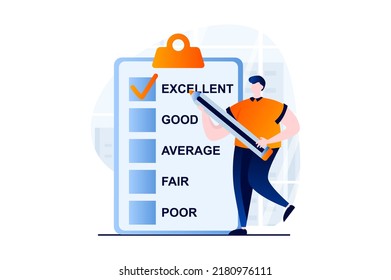 Feedback page concept with people scene in flat cartoon design. Man fills out questionnaire form and gives excellent mark. Customer satisfaction ranking. Vector illustration visual story for web