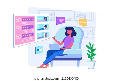 Feedback page concept with people scene for web. Woman reads webpage with reviews about other users experiences and leaves her rating and writes comment. Vector illustration in flat perspective design