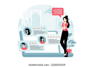Feedback page concept with people scene in flat design. Woman reading user online reviews with high ratings for service or product using laptop. Vector illustration with character situation for web