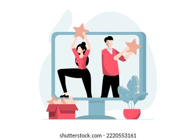 Feedback page concept with people scene in flat design. Man and woman are satisfied with their user experience and put top star rating on site. Vector illustration with character situation for web