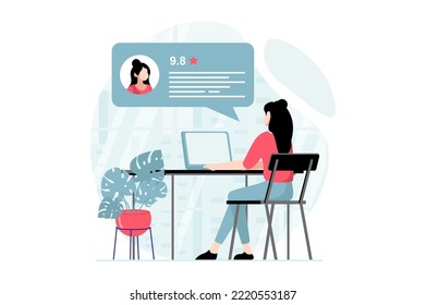 Feedback page concept with people scene in flat design. Woman leaves online comment with rating and describing her user experience using laptop. Vector illustration with character situation for web