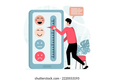 Concepto de página de comentarios con la escena de personas en diseño plano. Man comparte su experiencia de usuario y deja la clasificación usando diferentes niveles de emoticonos. Ilustración de vector con situación de caracteres para web