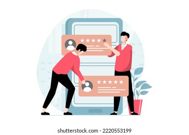 Concepto de página de comentarios con la escena de personas en diseño plano. Los hombres escriben comentarios con altas calificaciones de estrellas y experiencia del cliente usando el teléfono móvil. Ilustración de vector con situación de caracteres para web