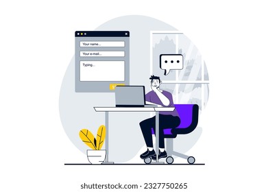 Feedback page concept with people scene in flat design for web. Man giving review and filling webpage form with client experience. Vector illustration for social media banner, marketing material.