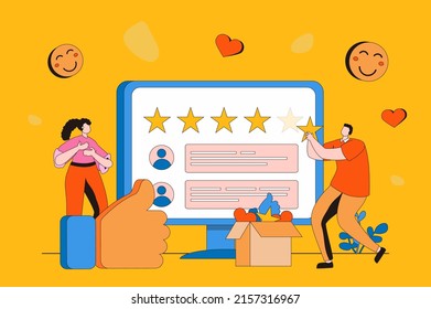 Feedback page web concept in flat 2d design. Clients leave comments with experiences, ratings and reviews. Customer satisfaction and service quality evaluation. Vector illustration with people scene