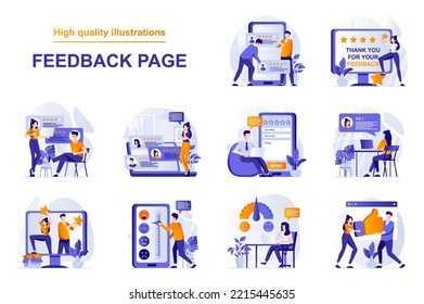 Feedback page web concept with people scenes set in flat style. Bundle of customer satisfaction, high rating stars and likes, positive client experience. Vector illustration with character design