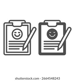 Portapapeles de papel de Comentarios con línea de pluma e ícono sólido, concepto de Encuesta de viajero. Gráficos de Vector. Reseña positiva del viaje, muestra del Comentarios en el fondo blanco, icono del estilo del contorno para el móvil o el Diseño web
