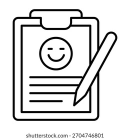 Feedback paper clipboard with pen thin line icon, traveler survey concept. Vector graphics. Travel positive review, feedback sign on white background, outline style icon for mobile or web design