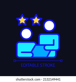 Feedback pixel perfect RGB color icon for dark theme. Executive appraisal for employee work. Job monitoring. Simple filled line drawing on night mode background. Editable stroke. Arial font used