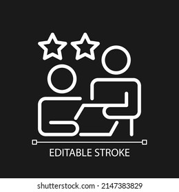Feedback pixel perfect white linear icon for dark theme. Executive appraisal for employee work. Job monitoring. Thin line illustration. Isolated symbol for night mode. Editable stroke. Arial font used