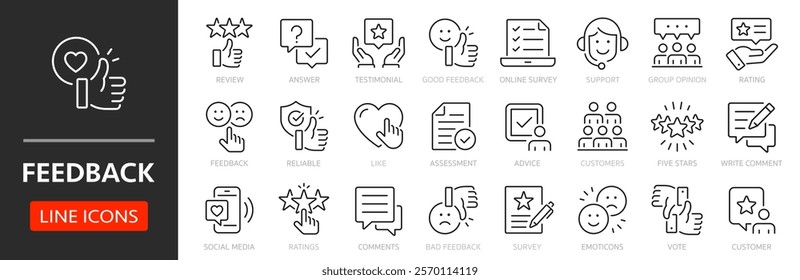 Feedback plan thin line icon set. Assessment, survey and answer. Customer review, rating, like, social media, comment, five star, opinion - stock vector.