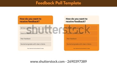 Feedback poll template survey question how do you want to receive feedback, multiple choice voting form with four options, orange brown UI design card component, preference selection widget for web  