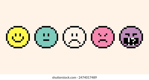 Feedback from positive to negative emoticon stickers. Pixel art emoji smile icons. Happy, sad, angry face, swear words. Upset. Evil. Colorful. Rating concept. 8-bit retro style vector illustration.