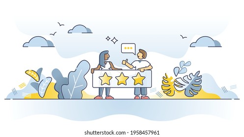 Feedback As Product Or Service Evaluation With Stars Rating Outline Concept. Business Customer Comments And Consumer Quality Opinion Vector Illustration. Experience Satisfaction And Choice Judgment.