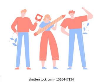 Feedback of a product, service, mobile application, writing reviews, rating. Characters stand in line. Girl holds a big pencil. Vector flat illustration.
