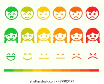 Feedback rate emoticon icon set. Emotion smile ranking bar. Vector smiley face customer or user review, survey, vote rating. Emoji opinion symbols