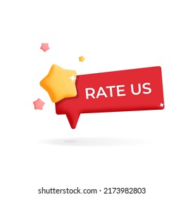 Feedback rate us red 3d vector label banner. Speech bubble with glossy shiny stars. Text. Feedback, customer service, social media and  like time concept symbols. 