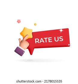 Feedback rate us red 3d vector label banner. Hand clicks to stars label design. Speech bubble with glossy shiny stars. Text. Customer service, social media and  like time concept symbols. 