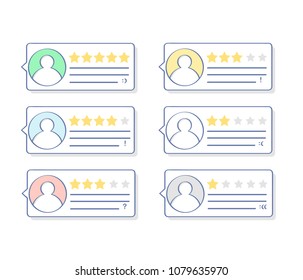 Feedback, Bewertungsblasen, Kundenbewertung, Kommentar mit Ranking Icon Konzept. Konzept der Zeugenaussagen, Benachrichtigungen, Rückmeldungen. Flache Vektorgrafik.