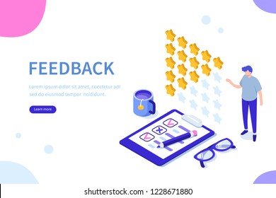 Feedback or rating concept banner. Can use for web banner, infographics, hero images. Flat isometric vector illustration isolated on white background.