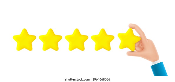 Feedback or rating concept banner. Cartoon hand holds yellow star. Vector 3d illustration. Sign of feedback or rating. Good review, supporting client service successful.