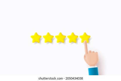 Feedback or rating concept banner. Cartoon hand touches yellow star. Vector 3d illustration. Sign of feedback or rating. Good review, supporting client service successful.
