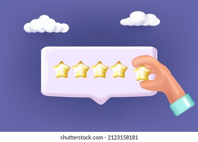 Feedback or rating concept banner. Cartoon hand holds yellow star. Vector 3d illustration. Sign of feedback or rating. Good review, supporting client service successful.