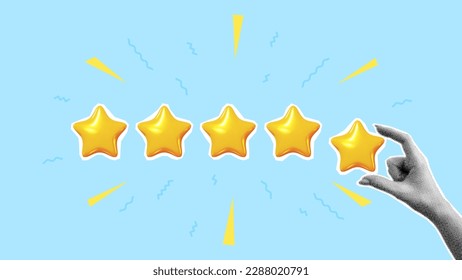 Feedback or rating concept banner. Paper cut hand holds golden star. Vector illustration. Sign of feedback or rating. Good review, supporting client service successful. Creative trend collage. 