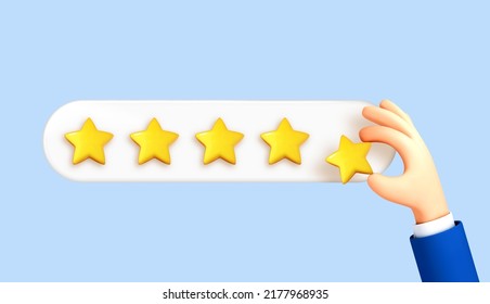 Feedback or rating concept. Cartoon hand holds yellow star. Sign of feedback or rating. Good review. Five stars rating. Vector 3d illustration.
