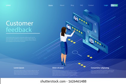 Feedback or rating concept. Client make a review or feedback. Businesswoman chooses stars rating on virtual touch screen. Customer service evaluation. Customer review, feedback, rating system concept