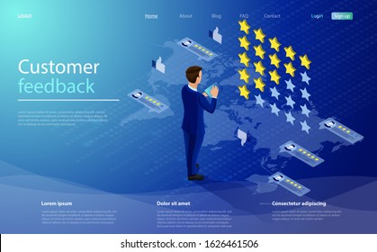 Feedback or rating concept. Client make a review or feedback. Businessman chooses stars rating on virtual touch screen. Customer service evaluation. Customer review, feedback, rating system concept