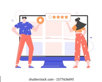 Feedback or rating concept illustration. Two young people write product reviews on the company's web page on a large monitor. Vector flat design. 