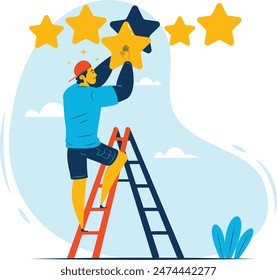 Feedback or rating concept, a man holding and adding a stars