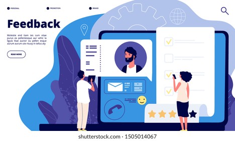 Feedback rating concept. Online customers product review, mobile survey. Client satisfaction rate. Vector landing page design