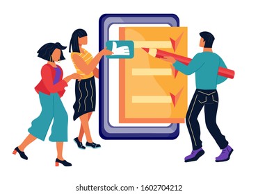 Feedback or rating, concept of online voting with people cartoon characters and phone screen. Opinion of buyers, customers or  citizens, democratic election campaign. Flat vector illustration isolated