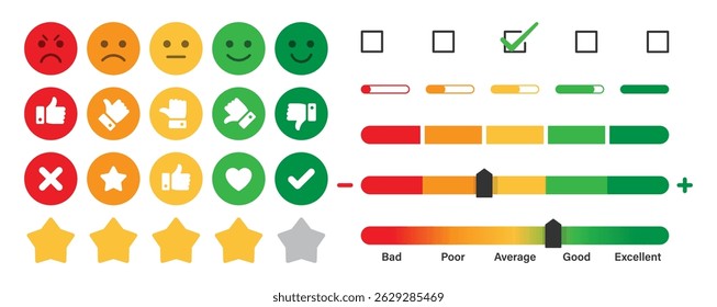Feedback and Rating emoji elements set for customer satisfaction product reviews interface vector collection. Rating emoji with slider set.