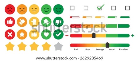 Feedback and Rating emoji elements set for customer satisfaction product reviews interface vector collection. Rating emoji with slider set.
