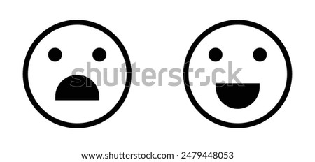 Feedback rating emoji icon. Happy and sad emoji vector icon. Face smile icon positive, negative neutral opinion vector signs symbol. Simple flat shape happy and sad emotion logo.