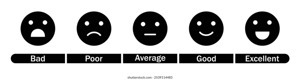 Feedback rating emojis vector icon set in black and white color. Set of feedback rating emojis icons isolated on a white background. Vector illustration.