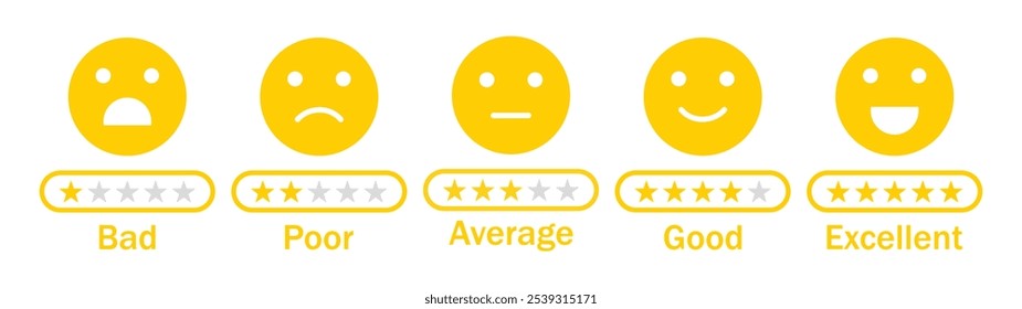 Feedback rating emojis vector icon set. Rating emoji icon set in white and yellow color. Face expression emoji icons. Vector illustration.