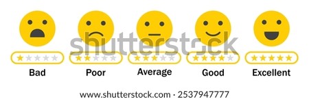 Feedback rating emojis vector icon set. black and yellow color. set of rating and feedback emojis icons. Excellent, good, average, bad and very bad emojis icons.