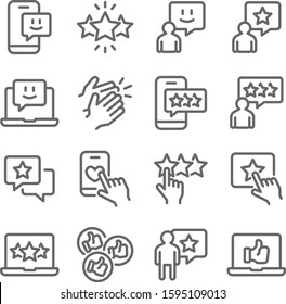 Feedback Rating icons set vector illustration. Contains such icons as Review, Favorite, Like, Survey, and more. Expanded Stroke