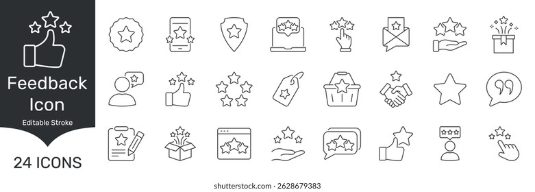 Feedback And Rating Line Icon Set. Customer Satisfaction, Review, And Quality Assurance Outline Symbol Collection. User Experience And Evaluation. Editable Stroke. Isolated Vector Illustration.