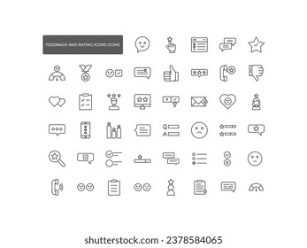 Feedback and Rating Outline Icon Collection. Thin Line Set contains such Testimonials, Quick Response, Satisfaction and more. Simple web icons set.